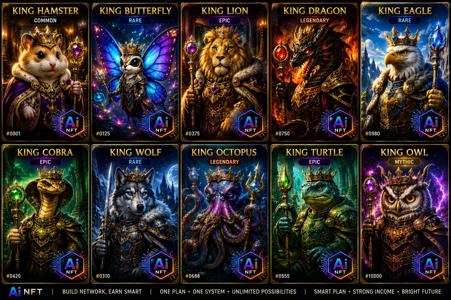Ai NFT Collection - King Hamster, King Lion, King Dragon, King Eagle, King Cobra, King Wolf, King Octopus, King Turtle, King Owl